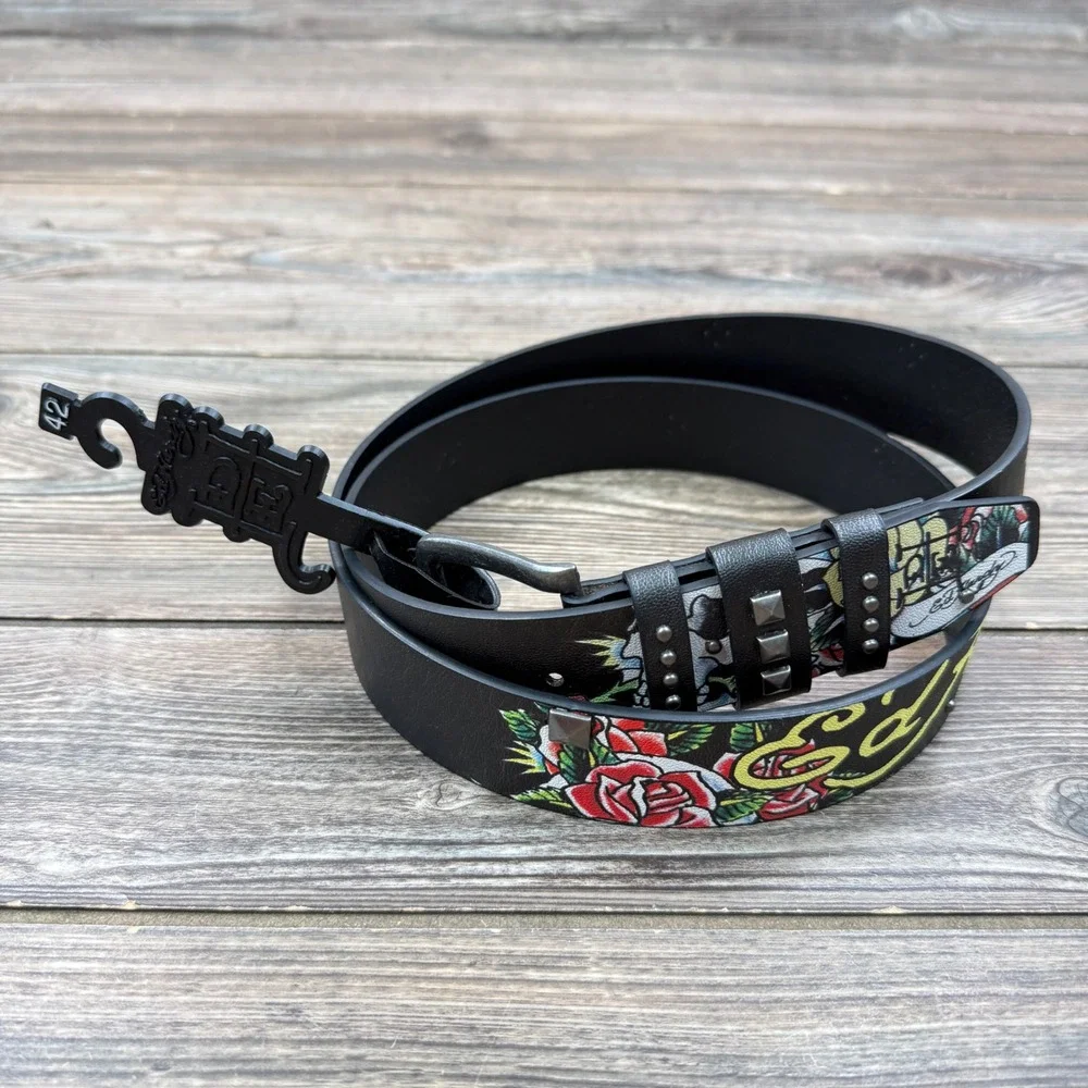 Ed Hardy Mens Size 42 Belt Black Skull Rose Studded Tattoo Graphic New